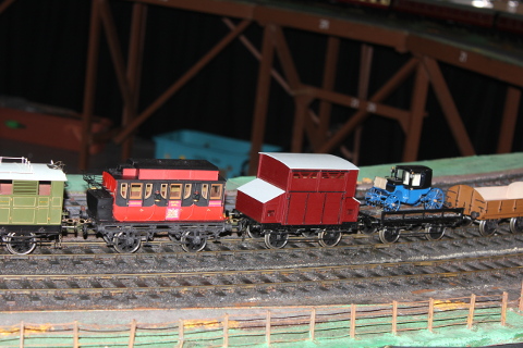 Photo of Model of Harvey Combe's train with a very distinctive Great Northern horsebox leading a London & Birmingham mail coach.